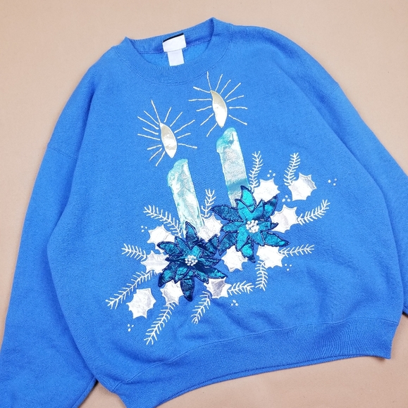 VTG 90's 00's Lee Cute Large Candles Florals Design Blue Crewneck Sweatshirt - Picture 4 of 7